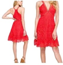 Astr the label plunge A-line dress knee length red lace crochet racerback large