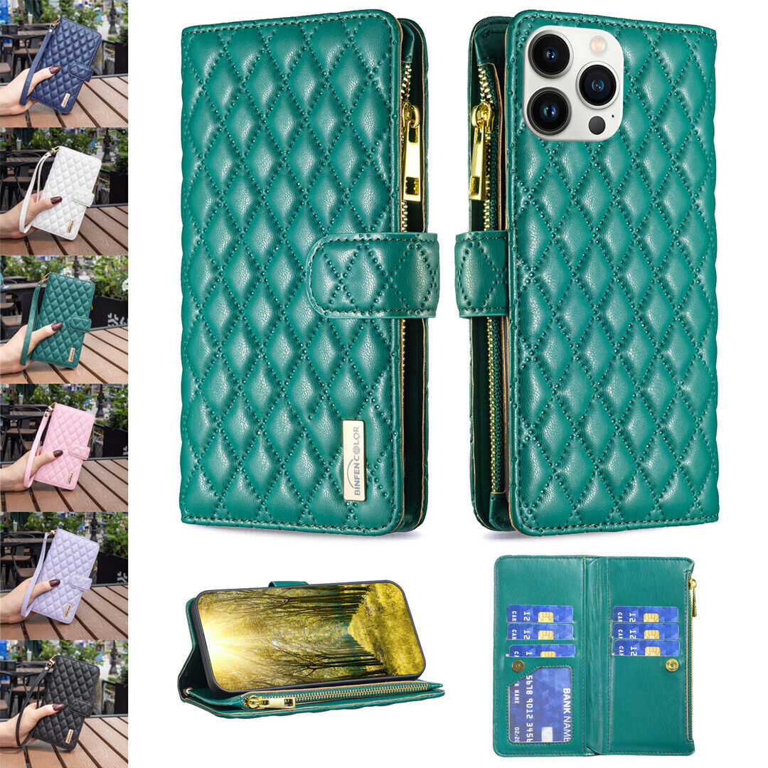 Premium Leather Grid Card Wallet Case for iPhone 13 12 11 Pro Max XR X 8 7