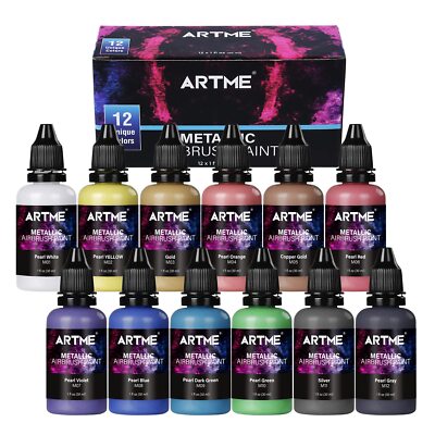 ARTME Airbrush Paint, 12 Metallic Colors Airbrush Paint Set Opaque & Water Based