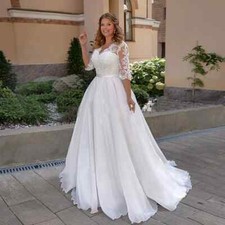 Elegant plus size women's half sleeved V-neck decal A-line lace up wedding dress