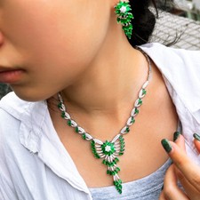 Women Silver Plated Green CZ Zircon Flower Necklace Earrings Wedding Jewelry Set