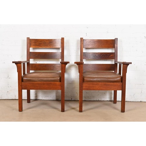 Stickley Brothers Antique Mission Oak Arts & Crafts Lounge Chairs, Pair - Picture 3 of 11