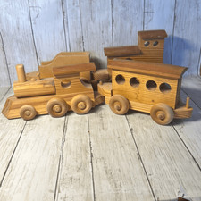 Vintage Wood Train Set Rolling Locomotive Caboose 2 Side Cars Handmade