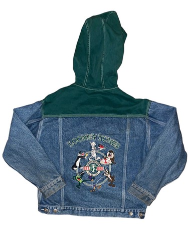 1995 Warner Bros Looney Tunes Embroidered Denim Jacket ACME Kids LARGE L Vintage - Picture 2 of 13