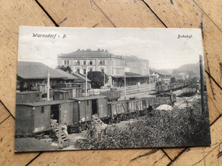 Postcard Warnsdorf Bohemia Okres Decin station track side wagon Sudeten Varensdorf