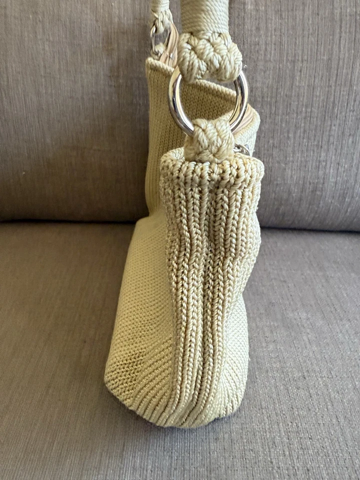复古 Lina 钱包编织钩针编织棕褐色米色手提包拉链闭合 — 第 4/4 张图片