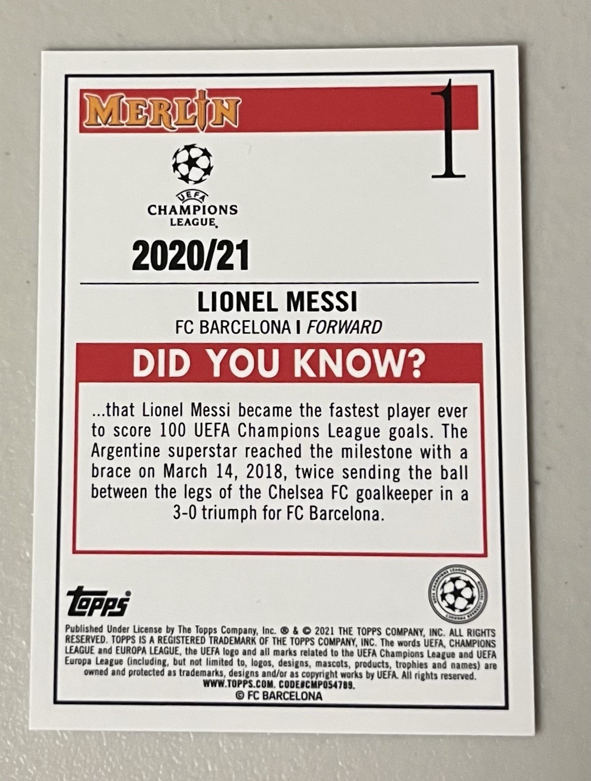 Lionel Messi 2020-21 Topps Merlin Chrome UCL #1 Barcelona Miami view 2