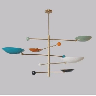 Mid Century Modern Mobile Chandelier Brass Multicolor Glass 5-Light Pendant