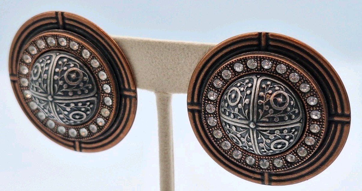 Antique Copper Domed Disc Button Statement Clip-o… - image 4