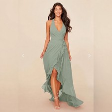 Dear Cleo Peyton Dress Size 4 Sage Green Halter Ruffle Wrap High Low Bridesmaid