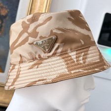 Prada Camouflage Re-Nylon Bucket Hat Tan Beige 2HC137 Desert Camo Logo Size LG