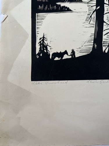 Vtg Lewis Carleton Ryan “Lake Arrowhead” Cowboy & Horse Linocut Print 12.5x9” - Picture 2 of 15