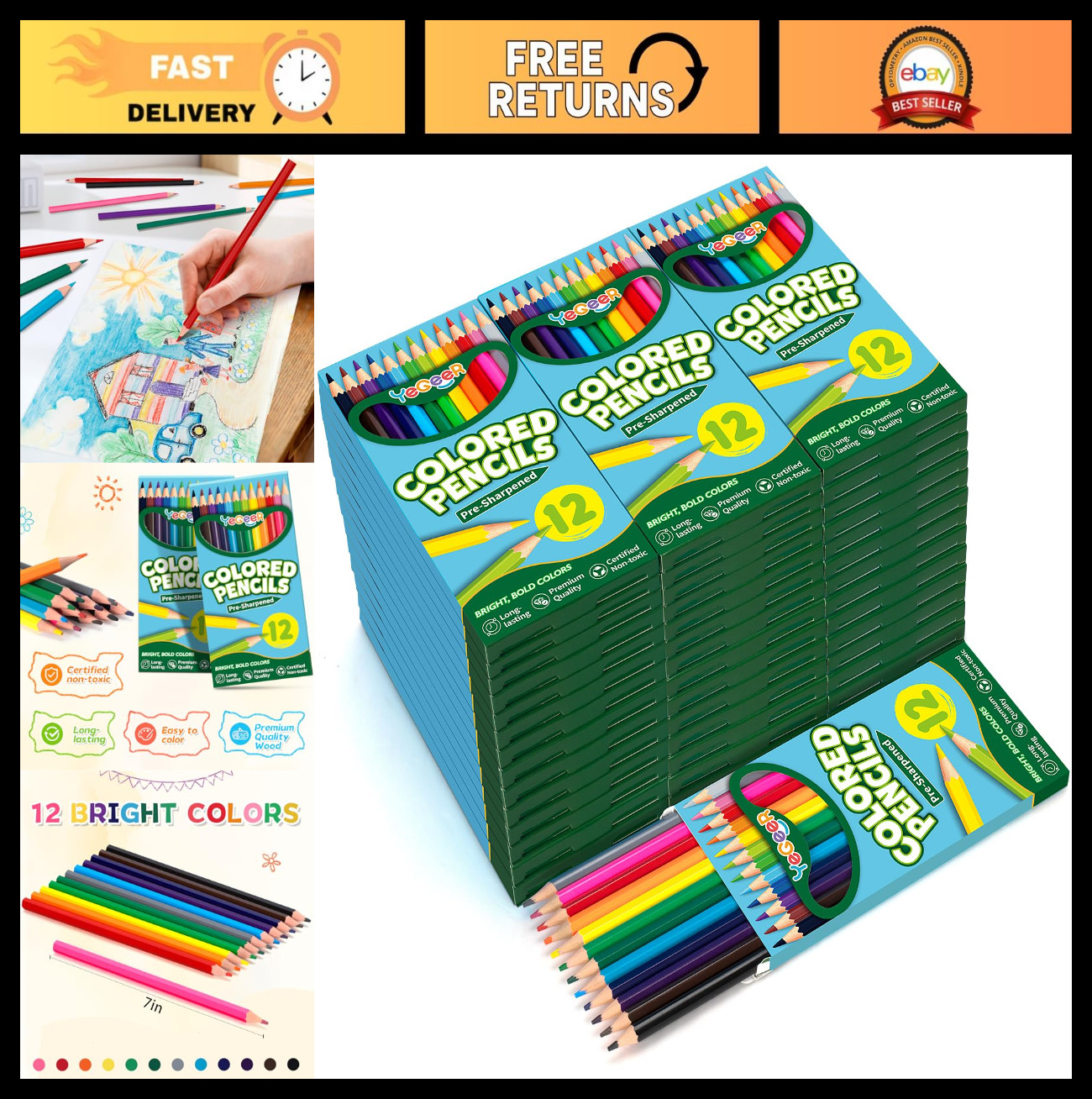 Set - 12 Assorted Colors, Pre-sharpened, Bulk Classroom Supp