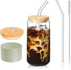 16Oz Glass Bamboo Cup with Lid and Straw - Set of 16Oz Glass Coffee Cups, Smooth