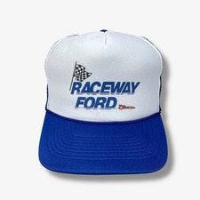 Vintage Raceway Ford Trucker Hat Baseball Cap Blue White Mesh Snapback Retro
