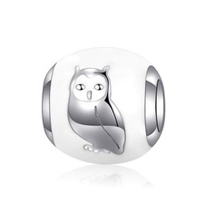 925 Sterling Silver Owl Pattern Bead Charm White Enamel Accessories fit