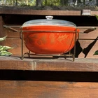 Vintage Pyrex 404 Red Gold Leaf Holly Pine Cone Christmas 4 Qt w/Lid & Cradle
