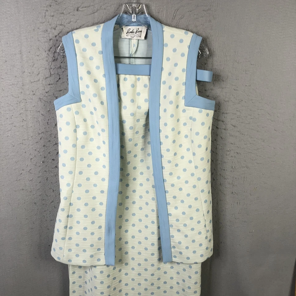 Vintage Paula Brooks 3 Piece Skirt Suit Set Womens 12 Blue White Polka Dot 70s - Image 3 of 4