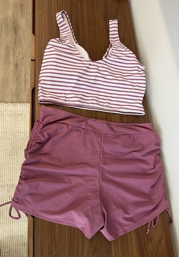 Damen SHEIN Zweiteiler Badeanzug Gr. XL Rose Gestreift Oberteil Einfarbig Rose Unterteil - Bild 2 von 10