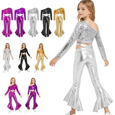 US Kid Girls Dancewear Shiny Dance Outfits Gymnastic Jazz Dance Costume Metallic