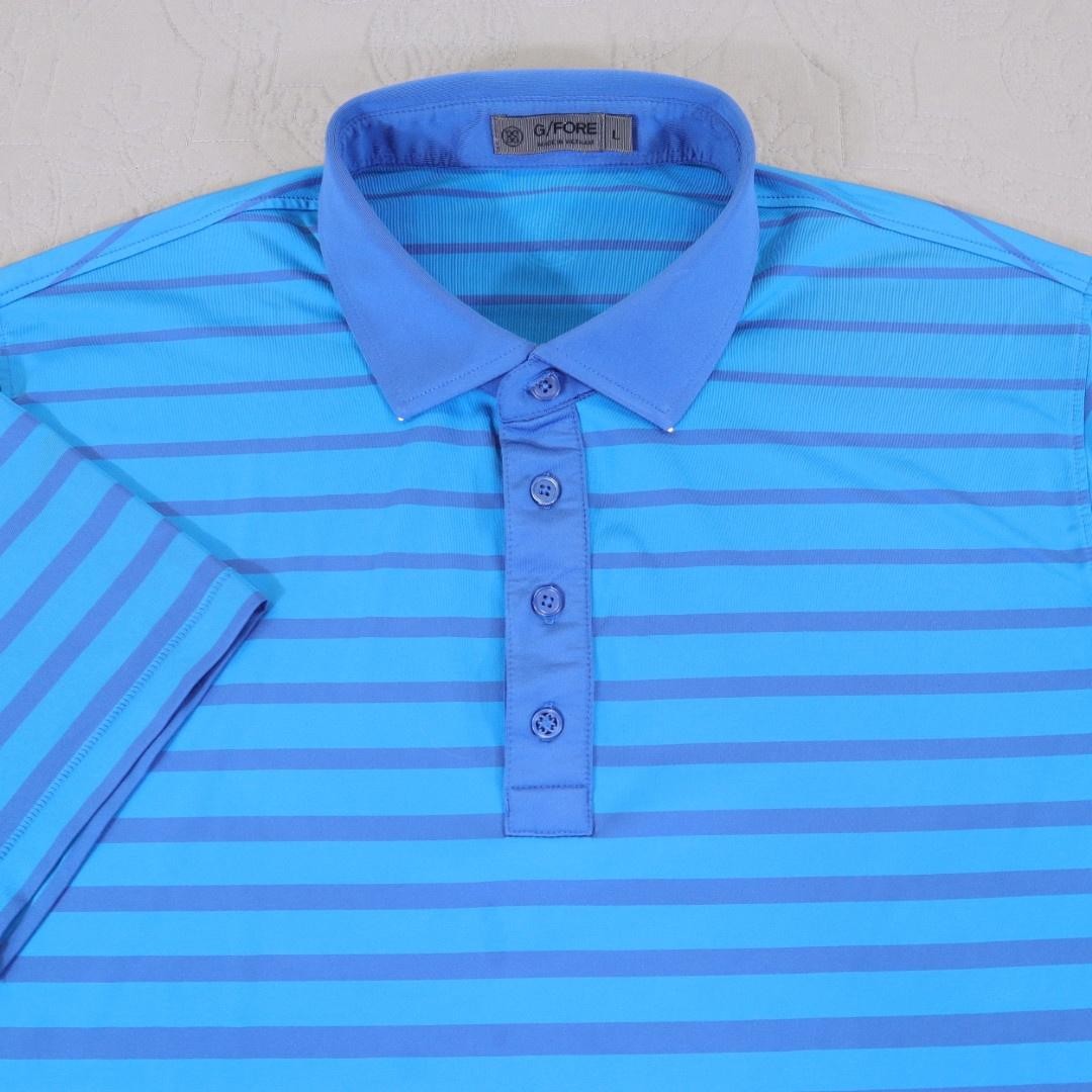 G/FORE Polo Shirt Mens Large Blue Striped Golf Performance Stretch Short Sleeve