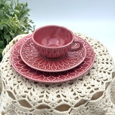 VTG Japanese Majolica 3 Pc Tea Set Demitasse Childs Pink Mauve Marigold Embossed