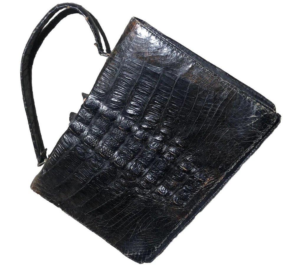 Vintage 1960s Genuine Crocodile Hornback Handbag Purse Crossbody Black Handmade - Image 3 of 4