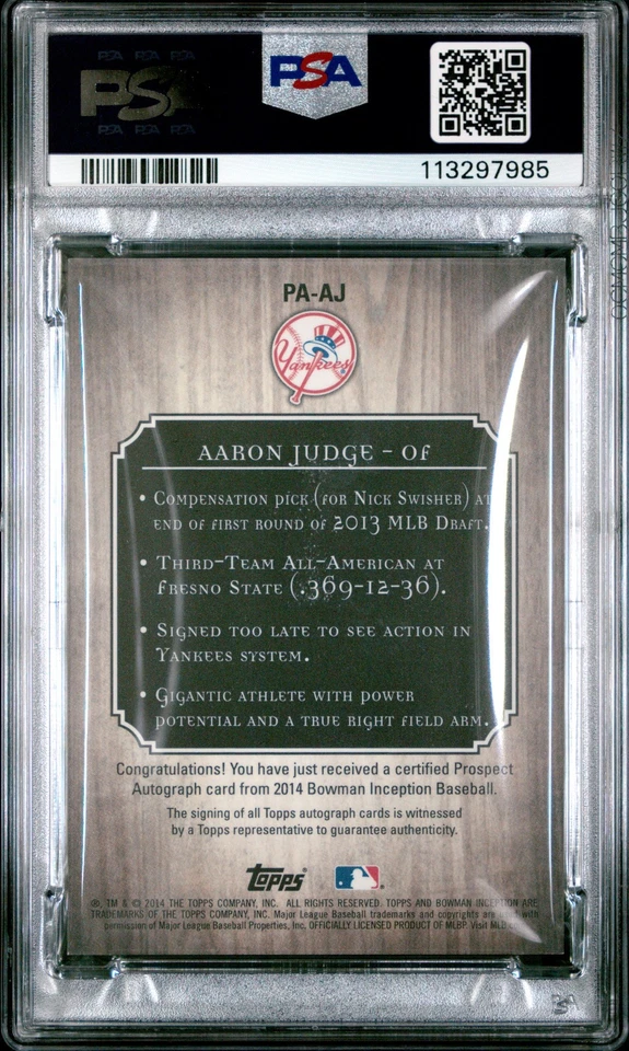 Aaron Judge 2014 BOWMAN INCEPTION PROSPECT AUTOGRAPH #PA-AJ AUTO PSA 8 NM-MT NYY - Image 2 of 2