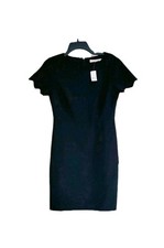 New Loft Women's Black Short  Scalloped Sleeve Faux Wrap Dress Sz 2