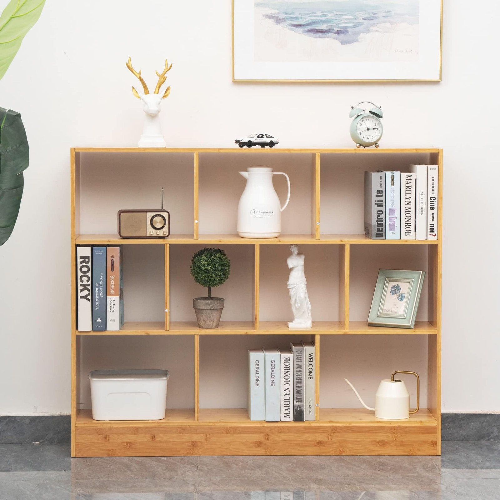 47.24” Bamboo Bookshelf, 10 Cube Bookshelf with Base 3 Tier Open Shelf Bookca...