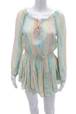 Love Shack Fancy Women Light Blue Silk Striped Long Sleeve Short Dress Size XS