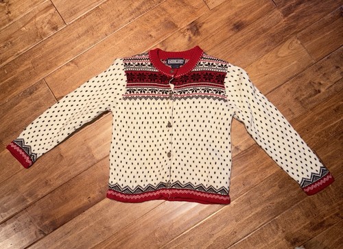 Lands End Cardigan Girls 6x Fair Isle Sweater Nordic Navy Red Off White
