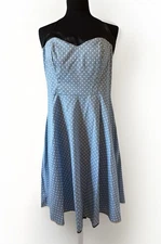 Dress Tells Retro vintage Swing Dress Blue Polka Dot w/ Satiny Trim / Halter XL