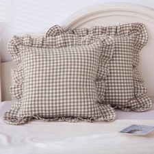 Taupe/White Plaid Euro Pillow Shams Ruffle 26 x 26 Pack of 2 , Taupe