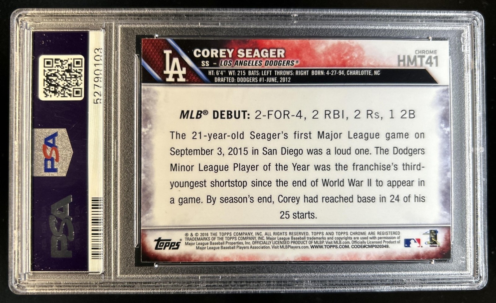 2016 Topps Chrome Update Corey Seager RC Rookie #HMT41 Dodgers PSA 10 GEM MINT view 2