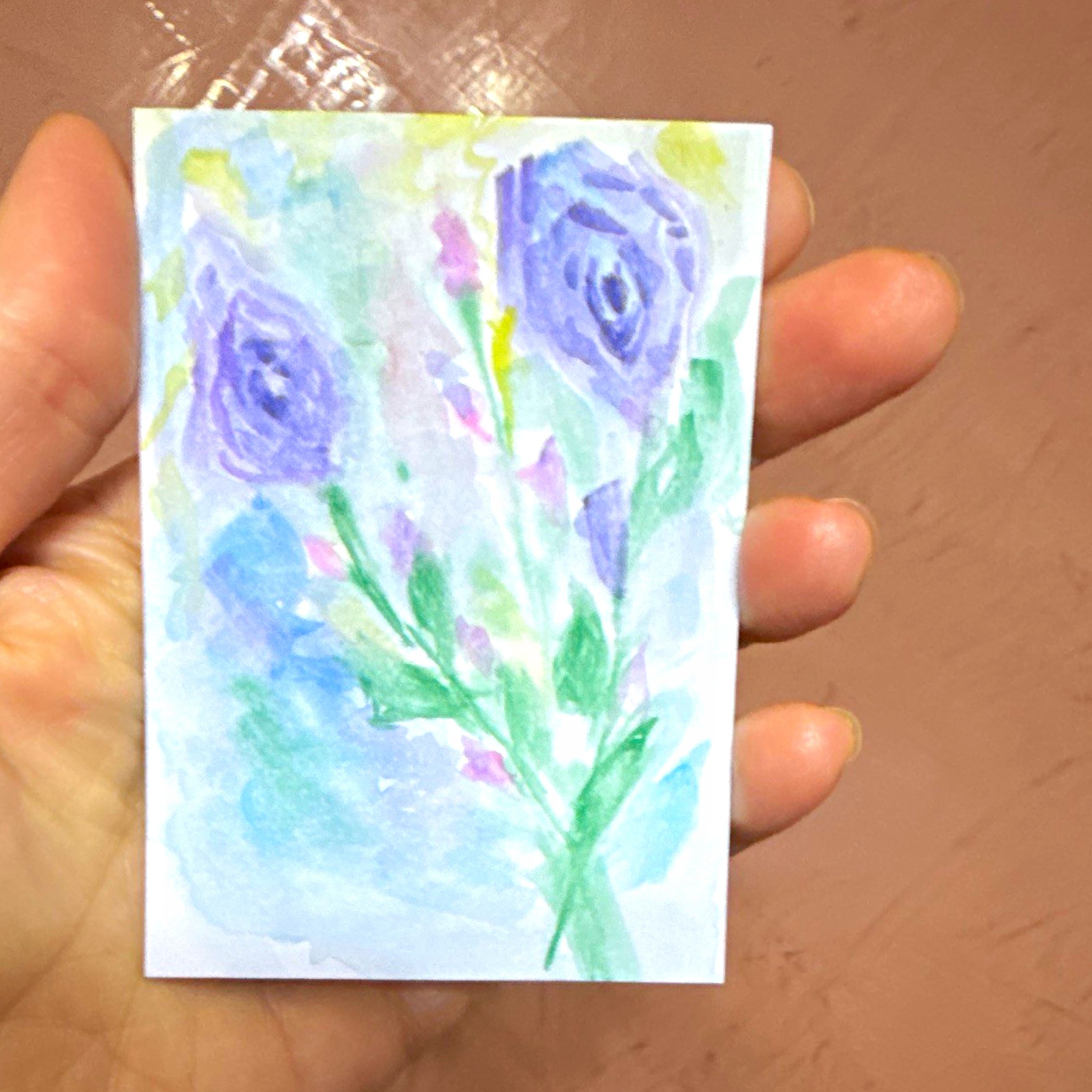 ACEO, Original Small Watercolor Floral Painting Purple Roses on Paper, Unframed