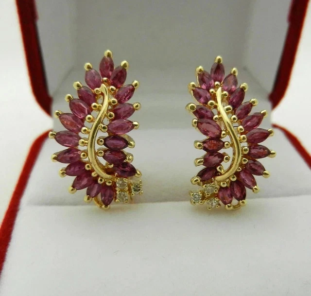 Pendiente Cluster Mujer Chapado en Oro Amarillo 14K Corte Marquesa Simulado Rubí/Diamante Foto 3 de 4