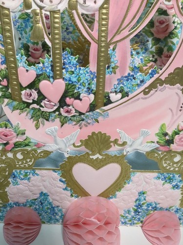 Vintage LG ausklappbare Stanzform mit rosa Rosen weiße Tauben VALENTINSKARTE 9" x 6,5" - Bild 4 von 13