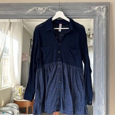 FREE PEOPLE Beach Blue Linen Button up Long Sleeve Dress OS