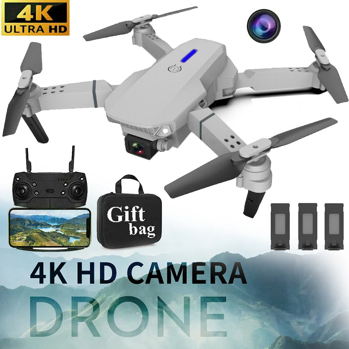 4K Drone X Pro HD Selfie Camera FPV GPS Foldable 3 Batteries RC Quadcopter Gift