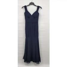Jenny Yoo Women Blue Silk V Neck Ruched Sleeveless Tiered Gown Size 6
