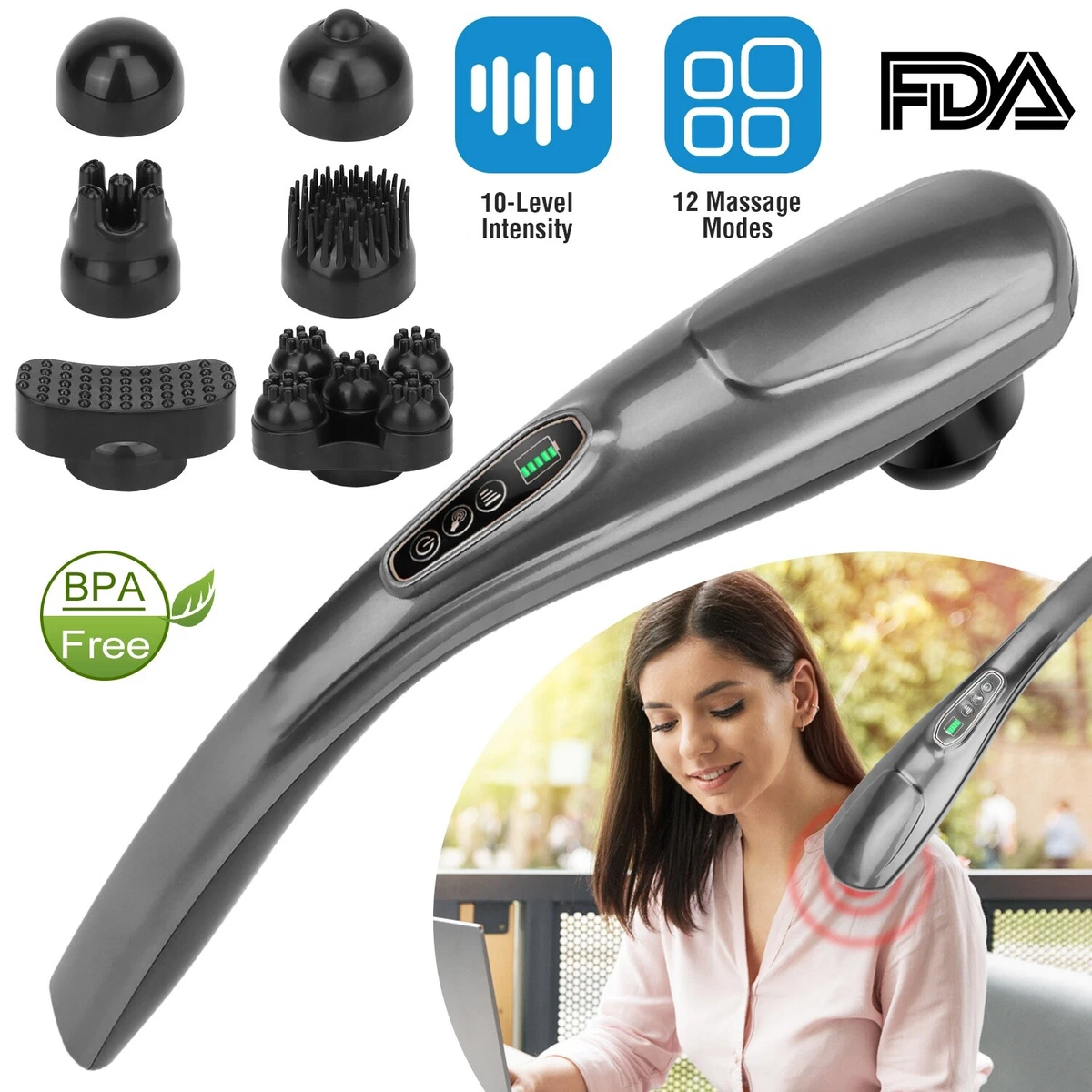 Cordless Handheld Back Massager Deep Tissue Percussion Full Body Massage 6  Heads