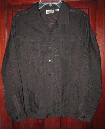 Chico's Design Size 2 L Button Down Shirt Blouse Top Black Mesh Cutout Pockets