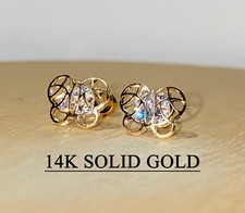 Solid 14K Gold basket 3D Cute Butterfly 5mm stud Animal Dainty earring For Women