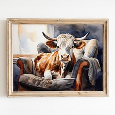 Stampa poster arte parete mucca seduta in poltrona rustico casale fienile decorazione