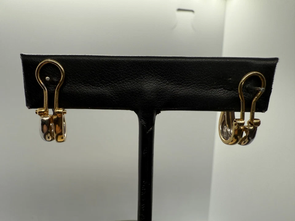 Womens Two Tone 14K Gold & Channel Set .20 Diamond Accent Earrings Omega Backs - Image 4 of 4