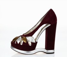 DOLCE & GABBANA plum metallic petals suede open toe cut out wedges sz. 38.5