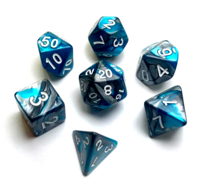 Blue and Silver *TIE-DYE* 7 pcs Dice Set Polyhedral RPG DnD MTG Pathfinder d20