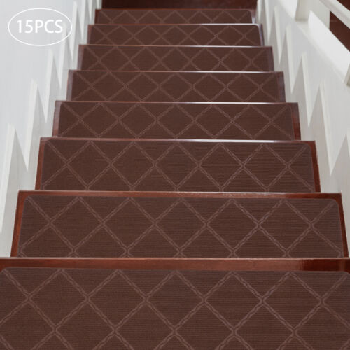 15PCS Indoor Non-Slip Carpet Stair Treads 30" x 8" Mats Coffee for Wooden Steps
