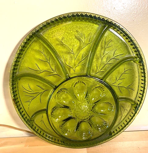 Vintage Platter Deviled Egg Plate Glass Green Divided Platter Egg Plate
